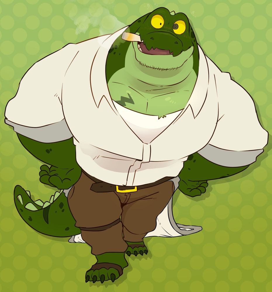 Rocky, a green crocodile man, swaggers towards the viewer. His hands are at his hips, and he is smoking a cigar. His attire is an off-white long-sleeved shirt, worn-out undershirt, and dark brown slacks. He also has a few scars on his body and mild stubble.

In this alt though, he is surprised and flustered as his tighty whities with grey piping flow behind him. He seems to be a[n un]willing victim of a powerful wedgie.