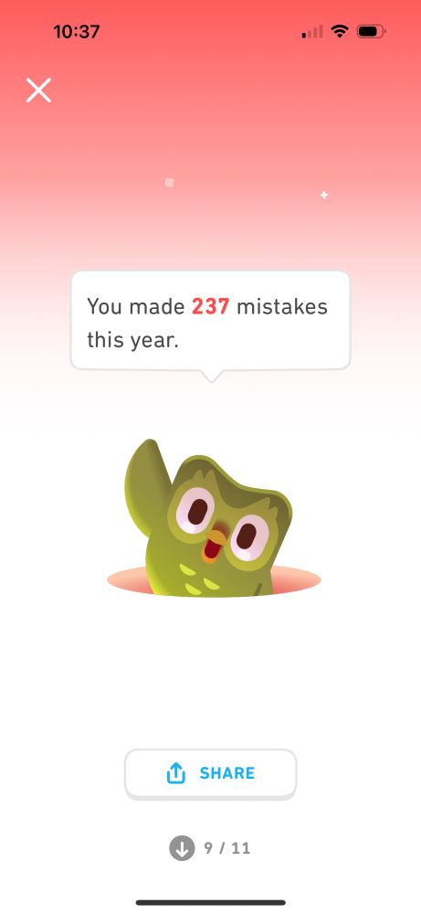 A screenshot of the Duolingo owl saying “You made 237 mistakes this year.”