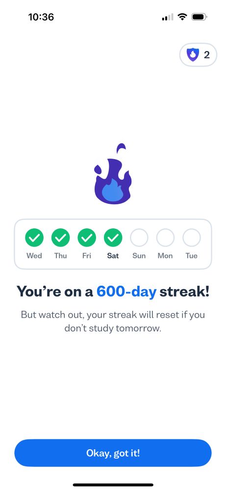 A screenshot of Busuu showing that I’m on a 600-day streak