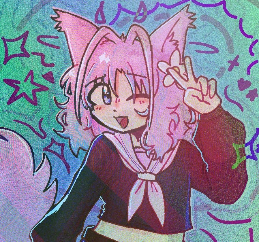 Art of the character "Jazz" from the jazzvader channel. They are wearing a black cut sailor tee, a pink neckerchief and have long wide brimmed arms. They have pink strandy hair, a flower in said hair, and a large tail to the left of the image. They are a SFW content creator. 