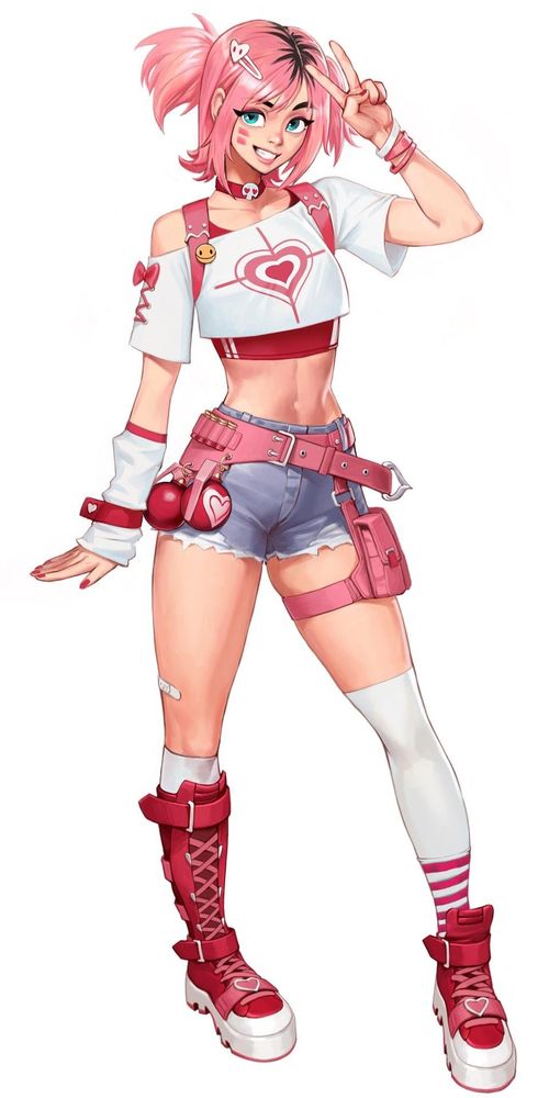 A concept art for a Fortnite skin, released in a survey. They have pink hair, tied up in a ponytail, and are wearing two red boots. A pink strap is shown to be across their waist, with pastel blue shorts under it. 