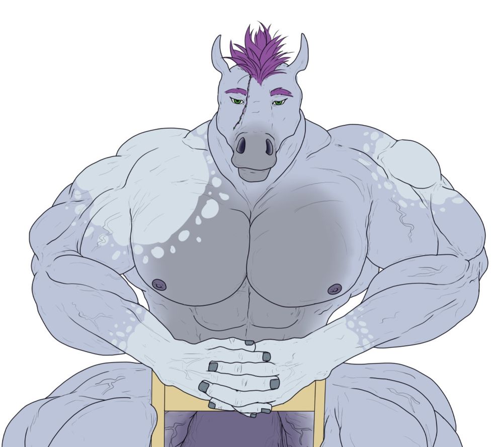 Art of Upper body of a pale blue muscular horse with purple hair seated. The top of his cock is just visible 