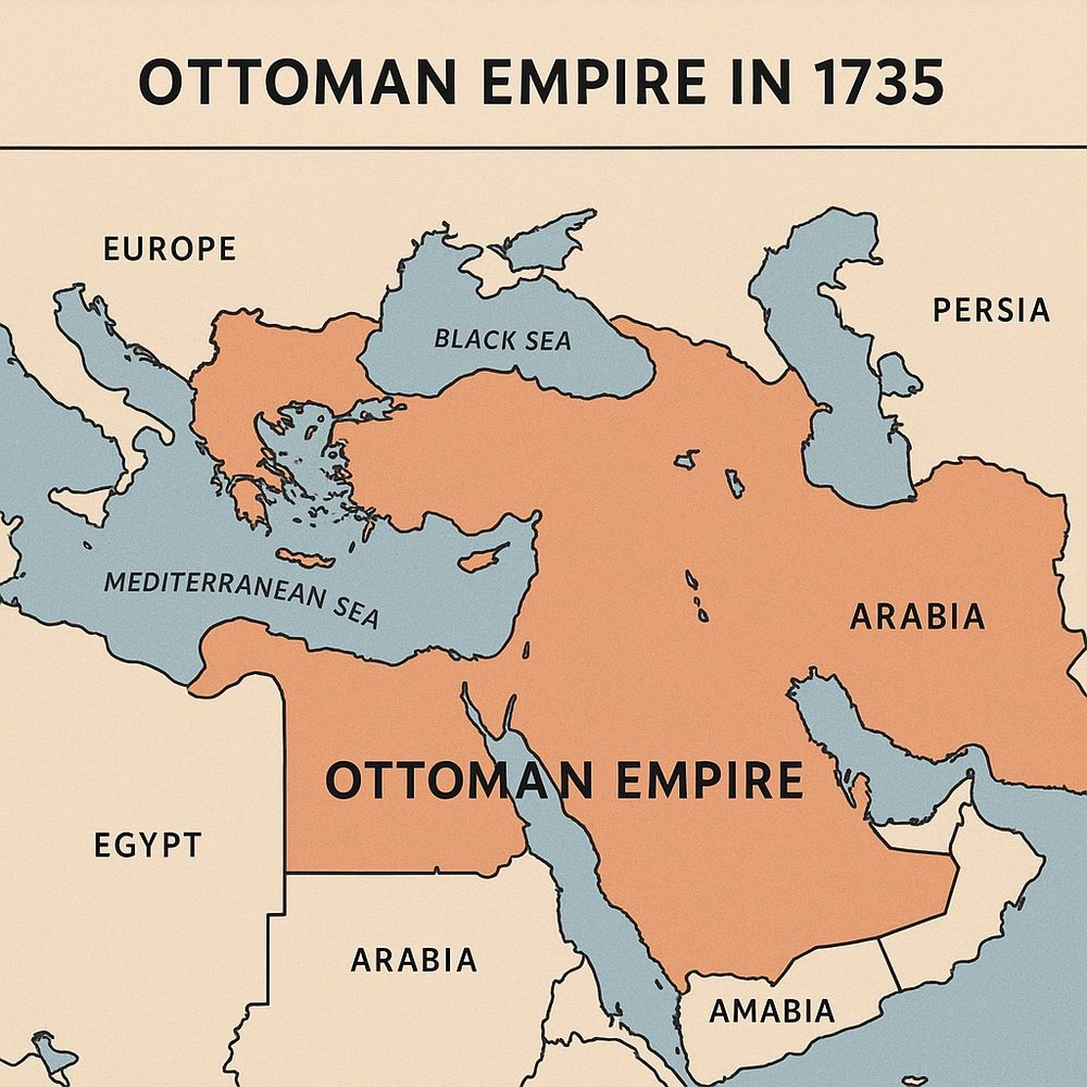 A very bad map of the Ottoman Empire in 1735, drawn by ChatGPT. The map includes Iran (which is labeled as Arabia) but not Bosnia, Moldavia and Wallachia, the Cuban, Crimea, Southern Ukraine. For some reason the map adheres to the modern-day borders of some countries, including Eritrea, Yemen, Oman, and the UAE. But Egypt includes part of Cyrenaica. The map labels Libya as Egypt and Sudan as Arabia, while also calling Yemen "Amabia." Turkmenistan is labeled as "Persia."
