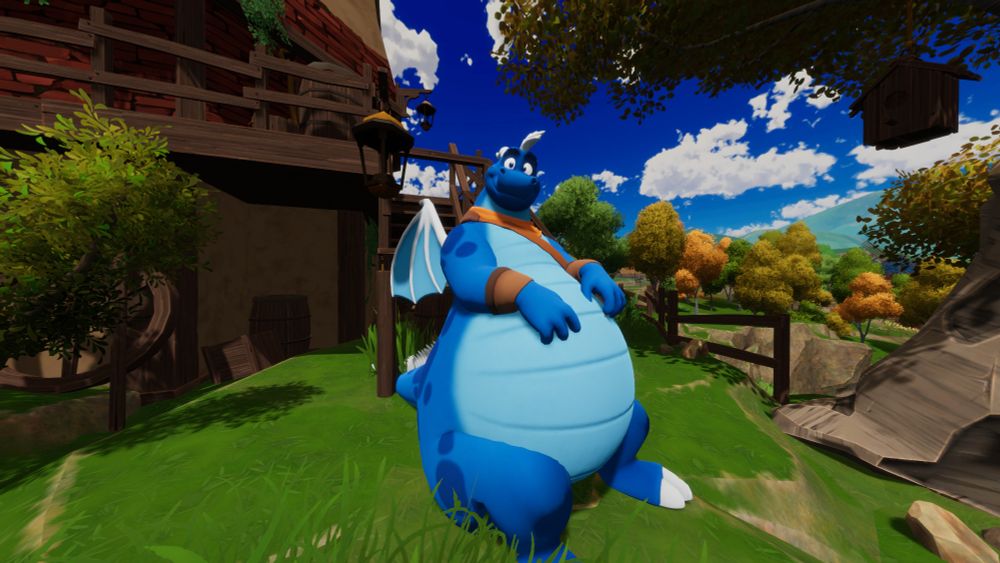 Samson sitting next to a barn in a colorful country environment being really fat.