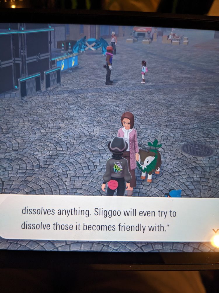 A conversation with an NPC in Legends ZA who is saying "Sliggoo will even try to dissolve those it becomes friendly with."