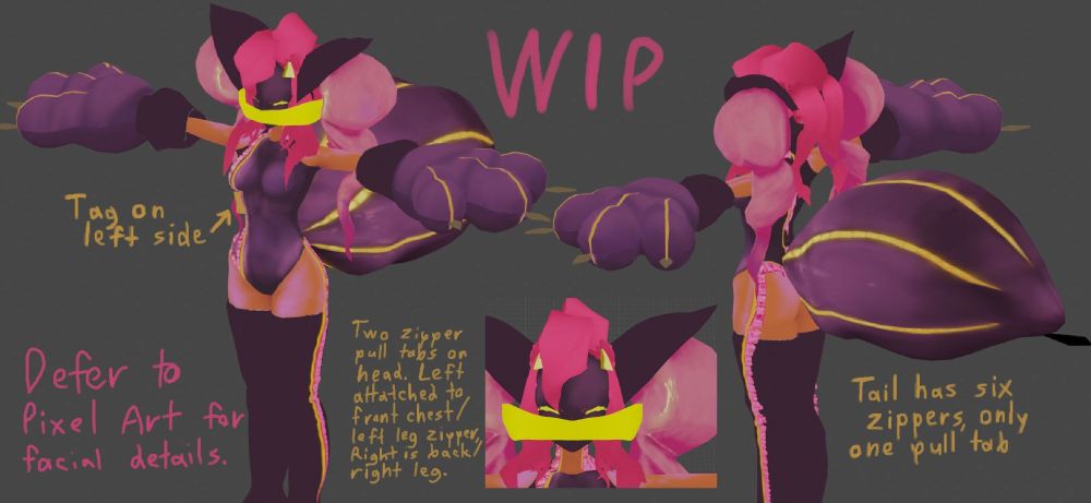 unfinished mockup of a 3d model of Faux made for Artfight two years back, hastily annotated in CSP for adfitional clarity