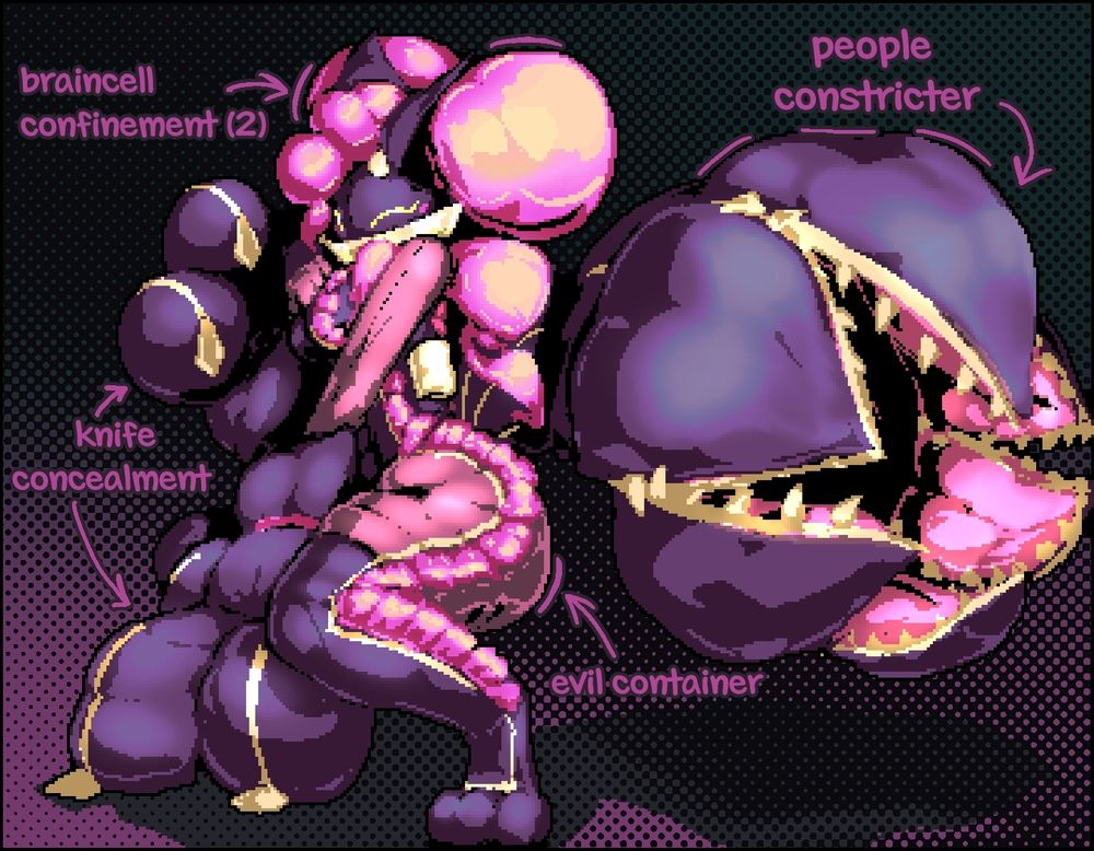 Faux, my taxidermized kitsune character, posed for the Evil Container meme and showing off her opened tail. Its zippers are each a row of golden teeth sealing a hollow interior, each piece of the tail consisting of tongue-like muscle. Faux herself is a dark skinned stuffed girl with a black leotard and kneesocks, possessing pink twintails that flow from her Fennec fox ears. Her face is eternally stuck in a mischeivous grin, as a large golden crescent resembling a smile hovers in front of it. Her ass is labelled Evil Container as per meme etiquette, while her massive paw gloves are labelled "knife storage", her tail labelled "people constricter", and her pink twintails are labelled "braincell confinement (2)" as her two braincells will never touch.