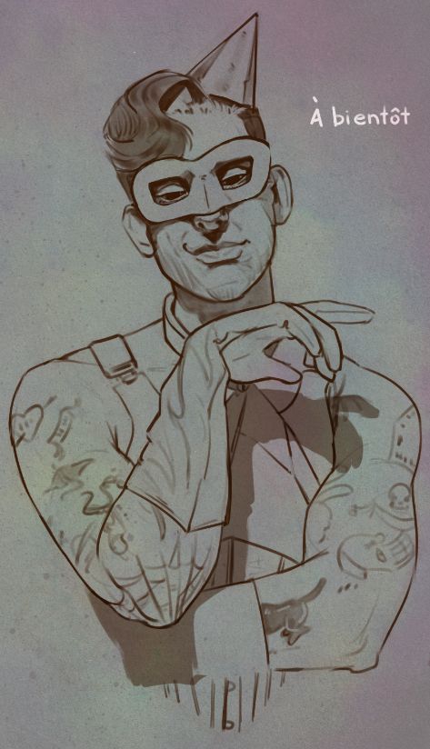 digital sketch of orville peck as emcee in cabaret

white text reads "À bientôt" (see you soon)