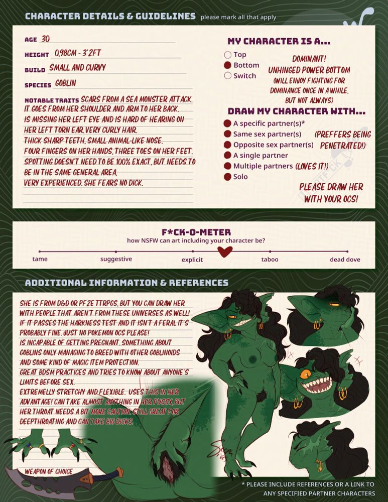 Artfuck profile for Dorothea (she/her). She is a green goblin with black curly hair, having a torn left ear and scars on her shoulder and arm. Here is shown three expressions for her, her full body naked, a close up of her pussy, her hands and weapon of choice.