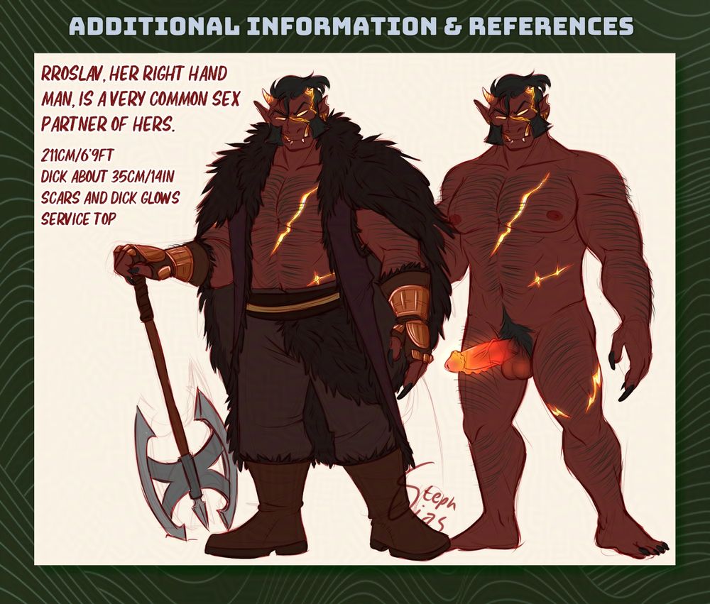 Additional reference for Rroslav (he/him), an orc with dark red skin, black short hair and sideburns. He is very muscular and has a set of tusks and small horns, a torn left ear and a number of glowing red scars along his body, along with blank glowing eyes. He has a big glowing dick. In his clothed ref, he is wearing some kind of animal pelt over his coat, his chest fully visible. Has dark pants and thick boots, bronze and fur fingerless gloves and an axe.