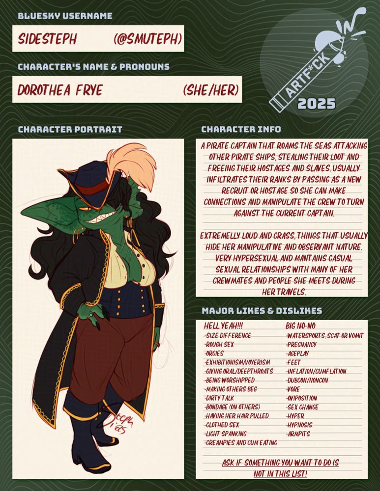 Artfuck profile for Dorothea (she/her). She is a green goblin with black curly hair, having a torn left ear. She is wearing a pirate hat with a big plume, a black coat, open white shirt, dark blue boots and red-ish pants. On the image you can find various information about her.