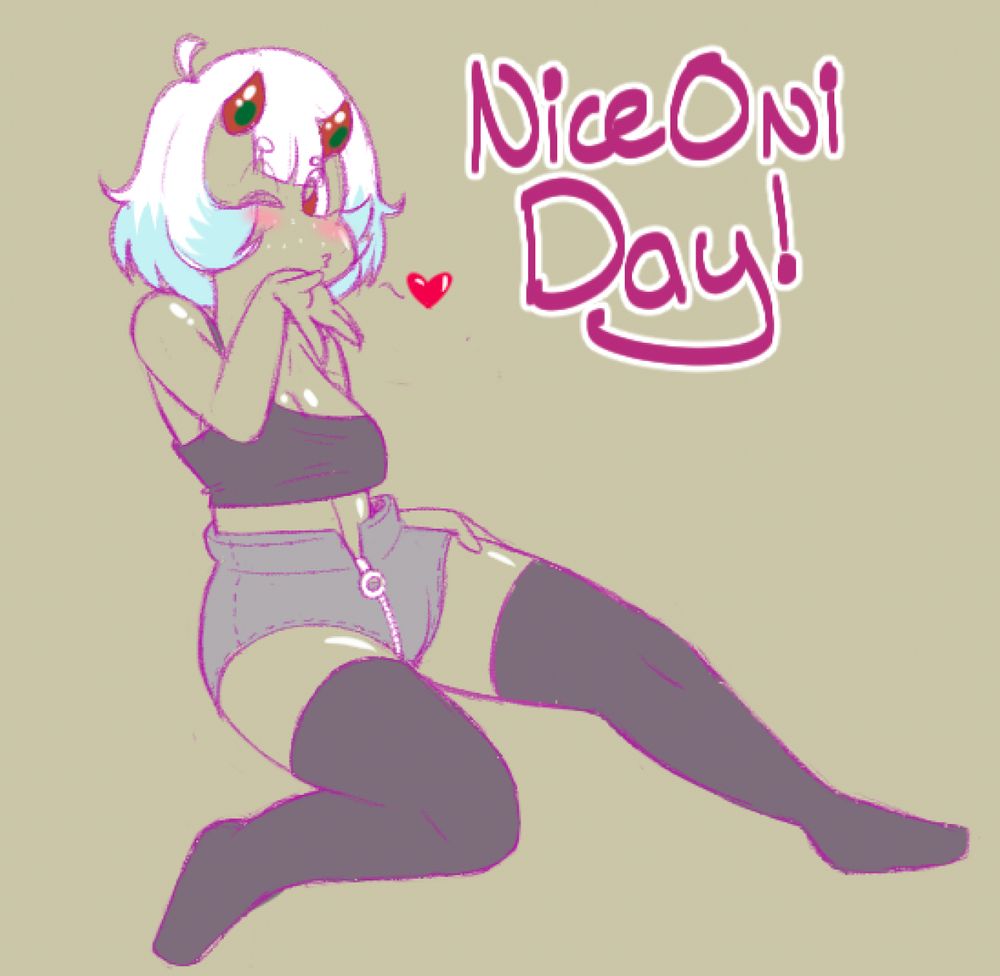 zoiteki, a "cyber oni," blowing a kiss. she is in a black tank top, and high-waisted jean shorts. she is wearing tall, black socks that reach past her knees. 