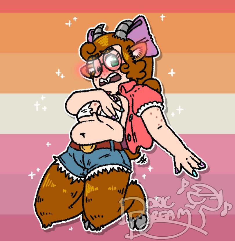 wendy, the goat girl, in a rather skimpy outfit, with a white bra and open red shirt. she is embarrassed and trying to cover up her breasts. The background is a lesbian pride flag, and Wendy has nails painted with the colors of the transgender pride flag. 