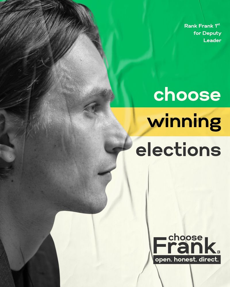 Graphic. Photo of  Frank Adlington-Stringer  in profile black and white. Reads: choose winning elections. Choose Frank. Open. Honest. Direct.