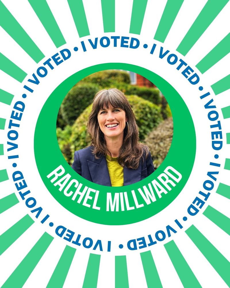 Graphic.Photo of Rachel Millward in middle. Surrounded by "I voted" repeated in a circle. Beyond that, green rays like sun point towards the edge.