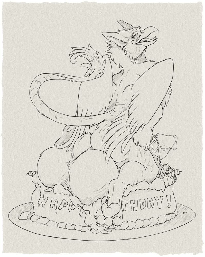 A rear view of Toumak (Gryphon) sitting on top of a large birthday cake. His huge balls are sinking into the cake, causing the frosting to smear some, while his large taint and own puffy pastry (butthole) are visible just above. The tip of his thick cock can be seen just over his right thigh, leaking some of his own frosting (pre-cum), as he looks back over his shoulder with a sultry expression, tongue out suggestively...~
