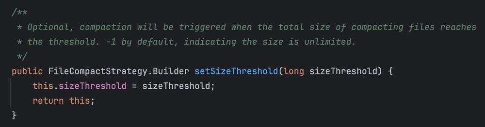 A screenshot of a Java method named setSizeThreshold, which has a single parameter named sizeThreshold.

This method is part of a FileCompactionStrategy.Builder class, and serves to set the maximum file size before compaction is triggered.

Nowhere in the code does it say the unit associated with this size threshold.