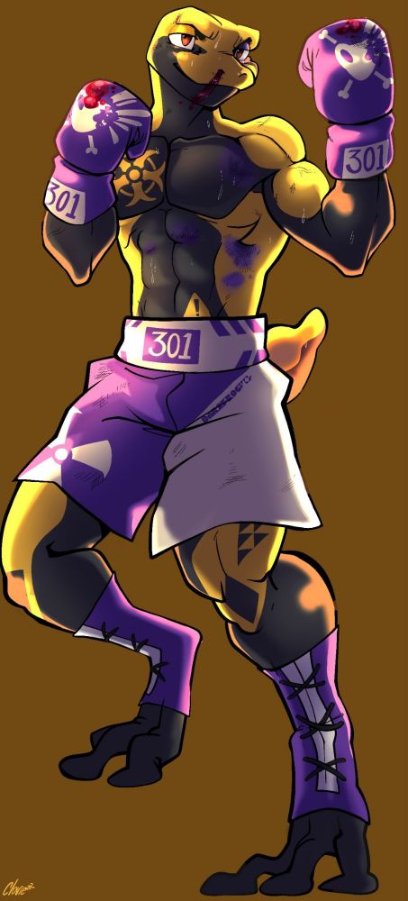 golden poison frog boxer, purple skull gloves, with cinematic lighting