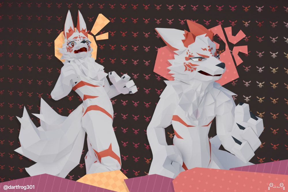 kitsune shocked and scowling, glittery filigree backdrop