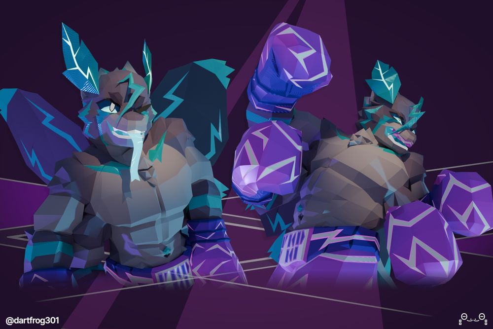 low-poly moth boxer with teal accents and pink-purple lightning gloves. winking face with tongue out, and angry + winding up with visible mouth guard