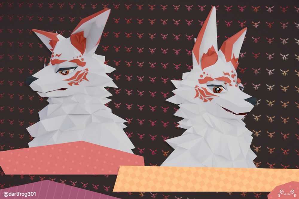 kitsune frown and smile busts, glittery filigree backdrop