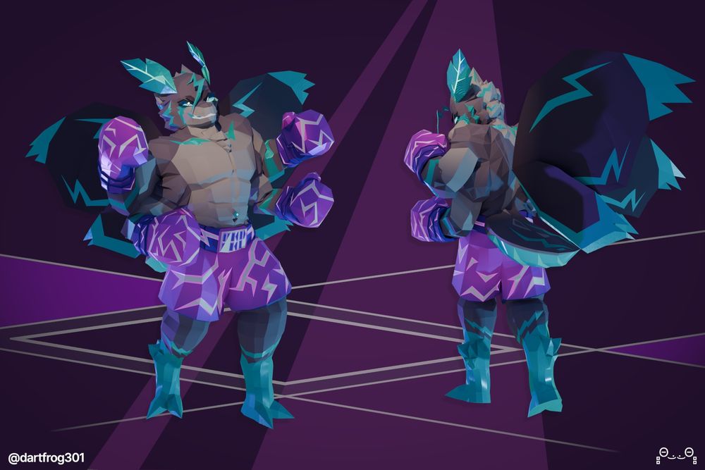 low-poly moth boxer with teal accents and pink-purple lightning gloves. front and back 3/4 views