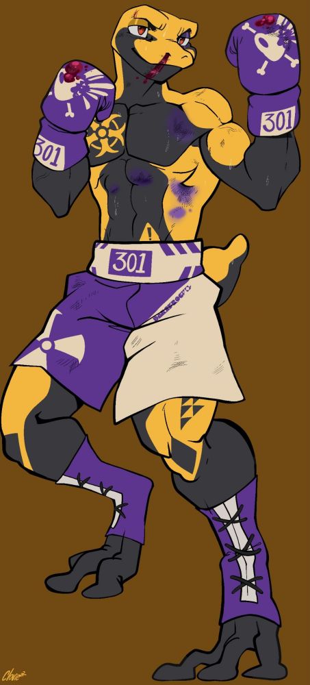 golden poison frog boxer, purple skull gloves, flat color