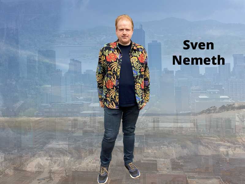 Full body photo of Sven with a cityscape in the background and “Sven Nemeth” written on the right 