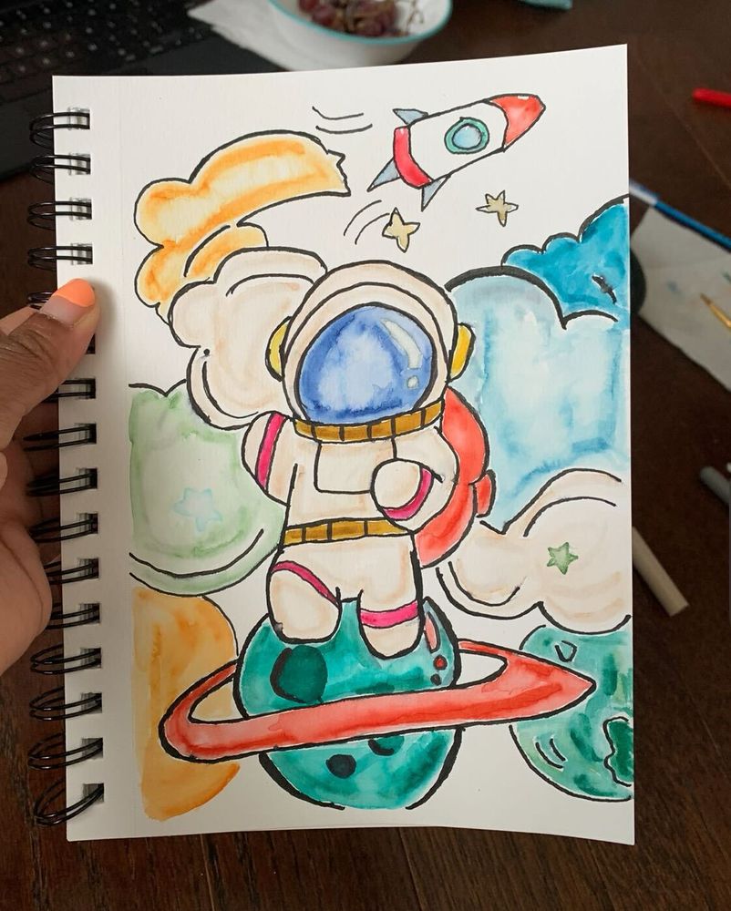 Watercolour of a astronaut with clouds, rocket and planets
