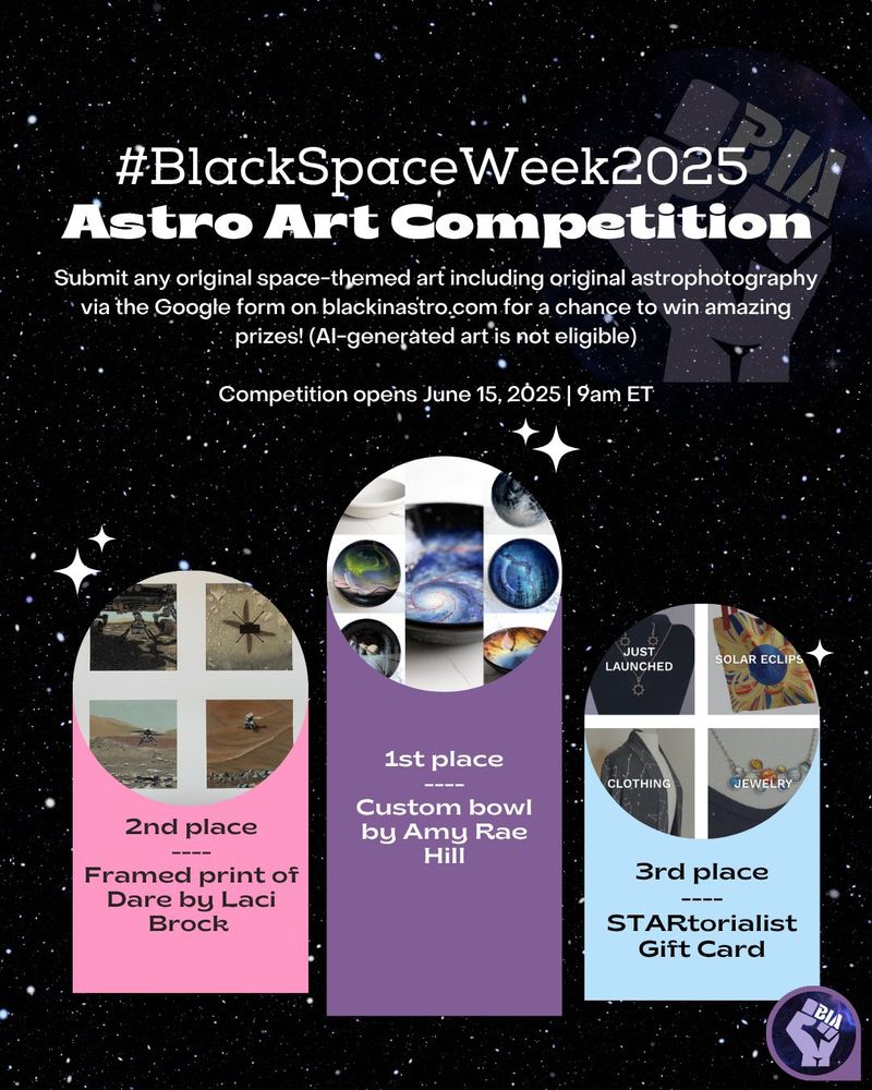 Graphic promoting the #BlackSpaceWeek2025 Astro Art Competition. It invites submissions of original space-themed art or astrophotography (no AI-generated art) via a Google form on blackinastro.com. The competition opens June 15, 2025, at 9 AM ET. Prizes include: 1st place – a custom bowl by Amy Rae Hill, 2nd place – a framed print of Dare by Laci Brock, and 3rd place – a STARtorialist gift card. The background features a starry space design with images of prizes in circular panels.