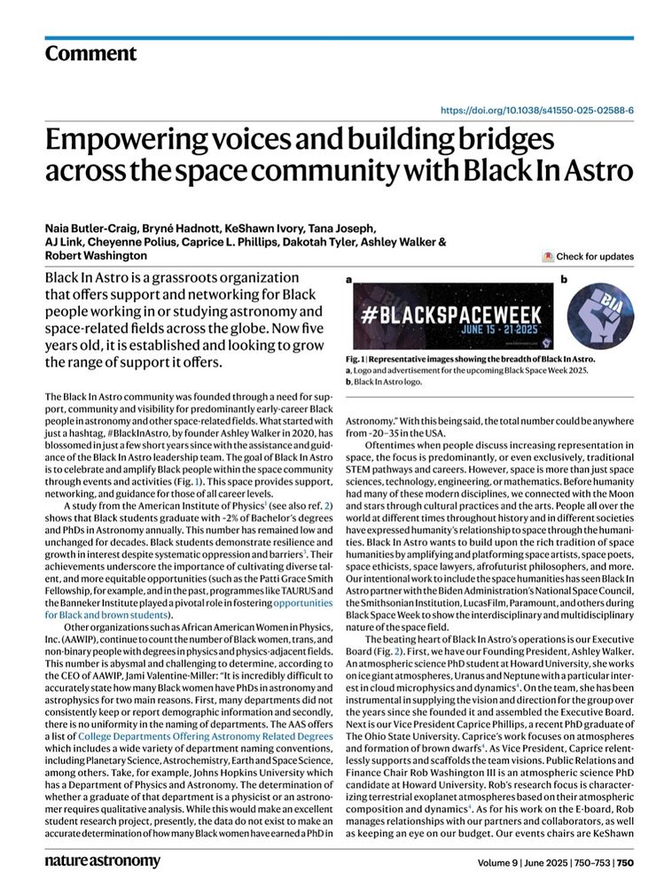 Screenshot of a Nature Astronomy article titled “Empowering voices and building bridges across the space community with Black In Astro.” The article discusses the origins and growth of Black In Astro, a grassroots organization supporting Black individuals in astronomy and space-related fields. It highlights the group’s mission to celebrate, connect, and uplift the Black space community, particularly early-career researchers. The article also features the upcoming Black Space Week 2025 and emphasizes the importance of visibility, mentorship, and interdisciplinary engagement across STEM and beyond.