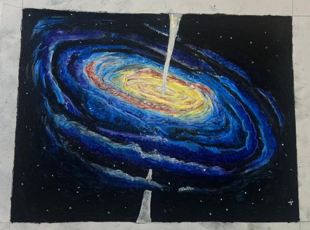 Quirky quasar is an oil pastel drawing of a quasar ejecting mass into the depths of the universe