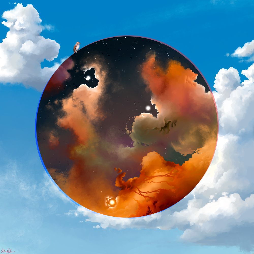 A square image of a blue summer sky filled with puffy white clouds, in the center of the image there's a circle of stars where the white clouds change to a colorful nebula. A nightingale is perched on the upper edge of the circle.