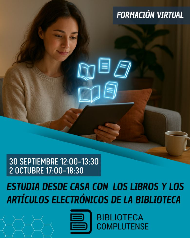 Mujer leyendo en una tablet con íconos de libros digitales flotando. Texto destaca fechas de formación virtual de la Biblioteca Complutense: 30 de septiembre de 12:00 a 13:30 y 17:00 a 18:30