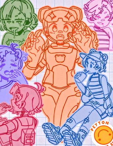 Cropped version of of a character page of my original character Peyton in various poses and outfits.