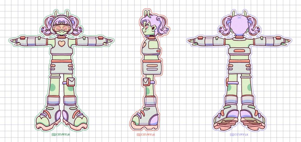 Front, side and back view of my original character ToMie wearing her casual outfit.