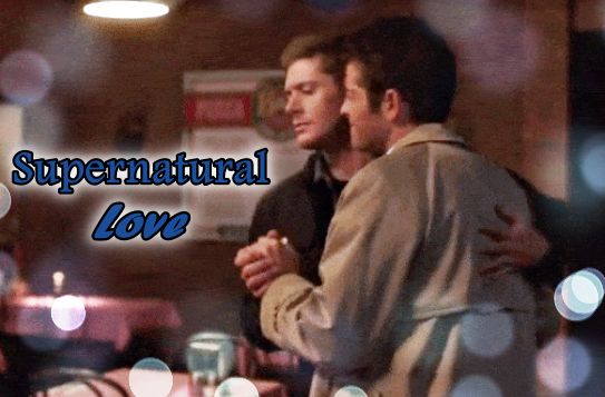 A fanfiction cover picture showing a screencap from what I think is a blooper of SPN where Dean and Castiel (or more like their actors) are doing a couple dance. The picture has blue orbs at the edges and on the left there is dark blue text that reads "Supernatural Love".