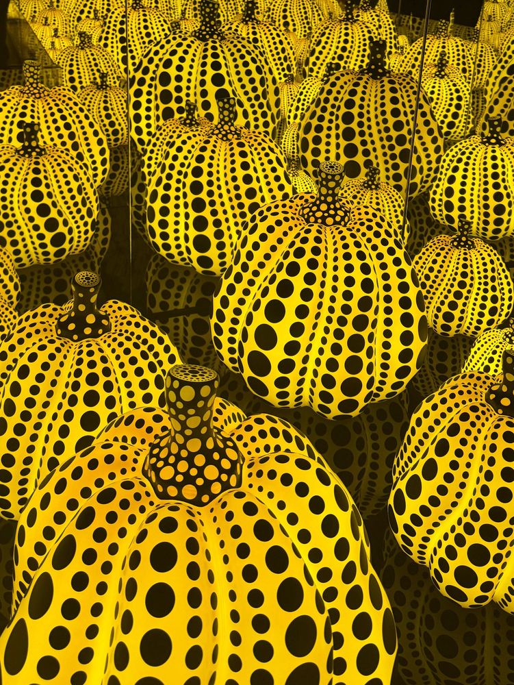 A photo of Yayoi Kusama’s All the Eternal Love I Have for the Pumpkins. This piece is a mirrored infinity room filled with Kusama’s iconic spotted pumpkins. They are yellow with black dots and lit up, while the room itself is dark. Because the walls are mirrored, the amount of pumpkins appears to be infinite. 

I wasn’t familiar with Yayoi Kusama until I moved to Japan in 2016. I fell in love with her work, visited her hometown of Matsumoto, and just a few days before I moved back to the US in 2019, I visited her new museum in Tokyo. It is one of my favorite memories. The exhibit at the time was her Infinity Net series.