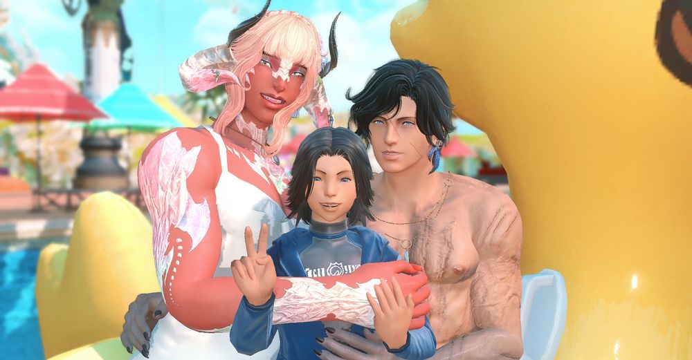 A close-up of the family, showing them from the waist up.