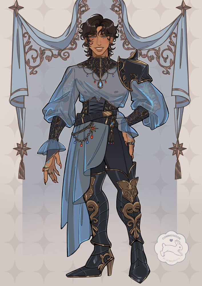 Ryuhiko's son, a young Midlander Hyur (human) man who looks very much like his other father. He has medium-toned skin, black hair, and bright blue eyes, wearing a smile along with a blouse with sheer blue fabric, armored greaves, a single pauldron, and accessories styled like his Hyur father's armor, while golden jewelery accentuated with blue and red gems hangs from his neck and waist - much like Ryuhiko's own style sensibilities. He is framed by light blue drapery and golden leaf and star adornments. 