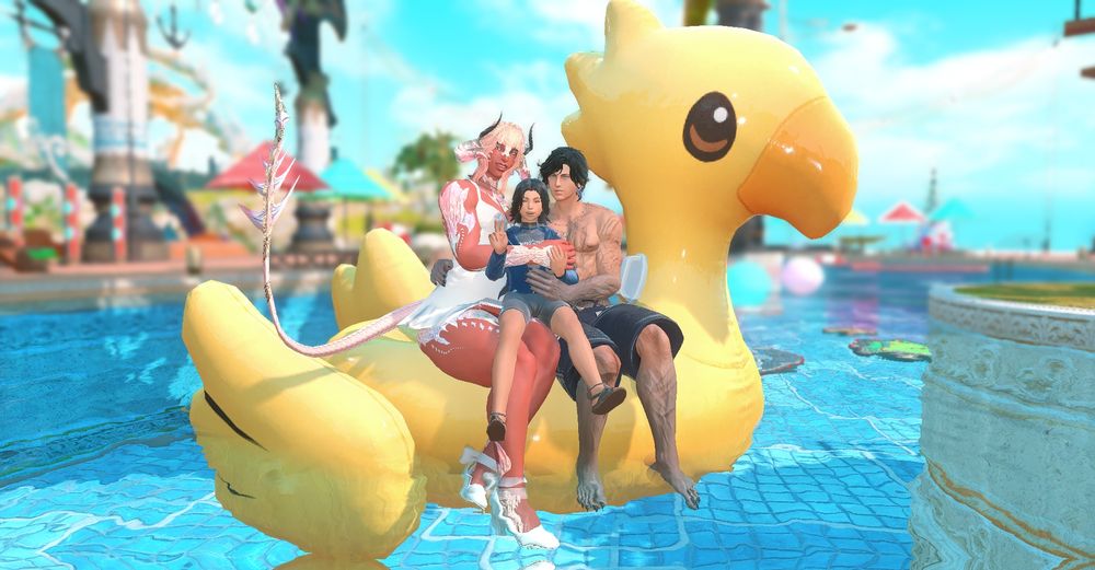 A day out on the Isle of Endless Summer with Ryuhiko (Raen Au Ra, he/him and she/her pronouns, white swimsuit), his husband (Hyur Midlander, he/him pronouns) and their son (Hyur Midlander, he/him pronouns). The trio are on a big chocobo floatie in the pool with Ryuhiko seated on the left, holding her arm across their son and keeping him balanced on her lap, while her husband keeps their son steady across the middle while balancing his other half on his lap. Their son holds onto his mother's arm with one hand and throws out a peace sign with the other, the three of them smiling at the viewer in their own way: Ryuhiko's gentle, her husband's subdued, and their son's bright. 
