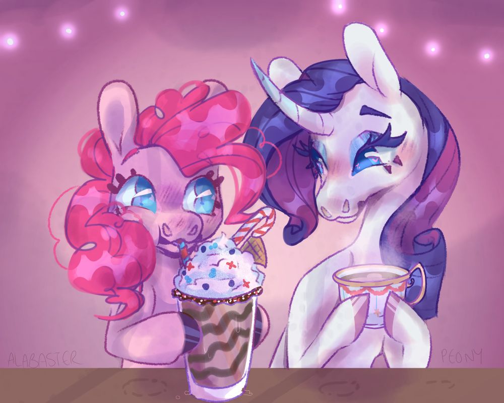 Rarity and pinkie pie sitting at a counter with two drinks. Pinkie pie is holding a large iced coffee with various sprinkles and toppings, and her cheeks are bulging with the sweet drink. Rarity is sipping on a cute teacup, and smiling gently at Pinkie's enthusiastic expression. 