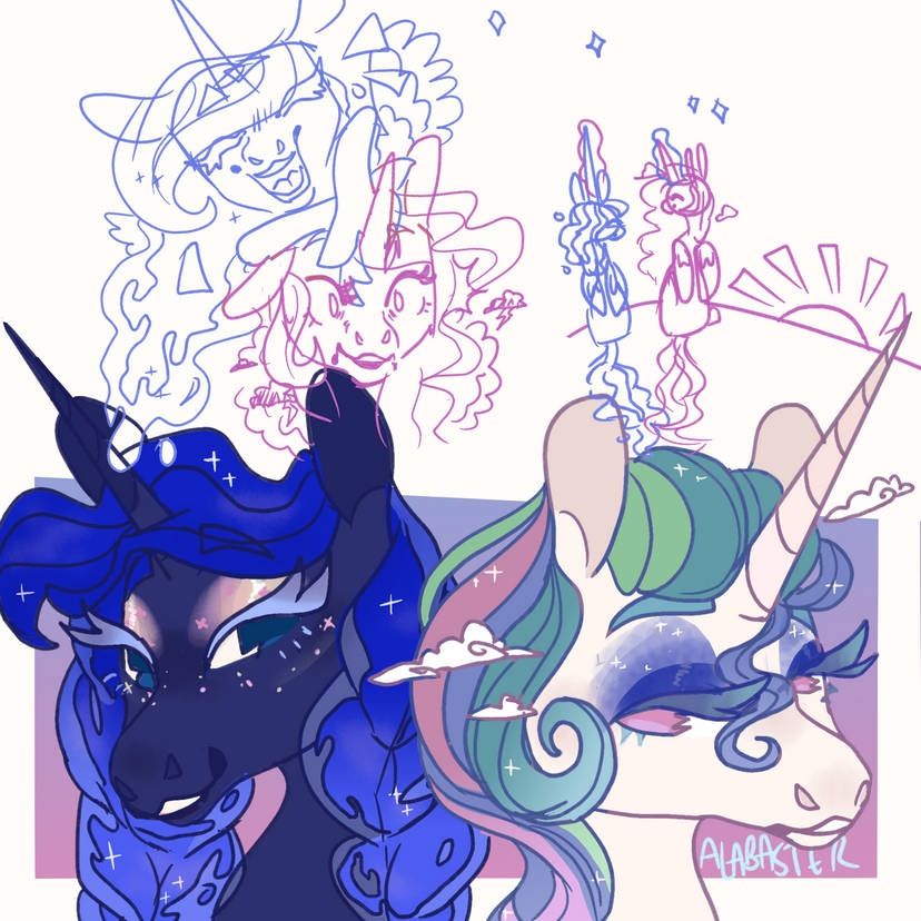 Sketches of Luna and Celestia interacting. Top left has Luna jumping happily onto Celestia, scaring her. Top right is them sitting on a hill at dawn, smiling at each other as the night ends and day begins. The bottom are colored headshots. Luna has her hair braided and pink and yellow makeup. Her braids are slightly transparent with nebulous blue matter inside. She is smiling at Celestia, who has deep blue eyeshadow dotted with stars. Celestia's hair is pulled back, with a few curls framing her face and small clouds circling her head.