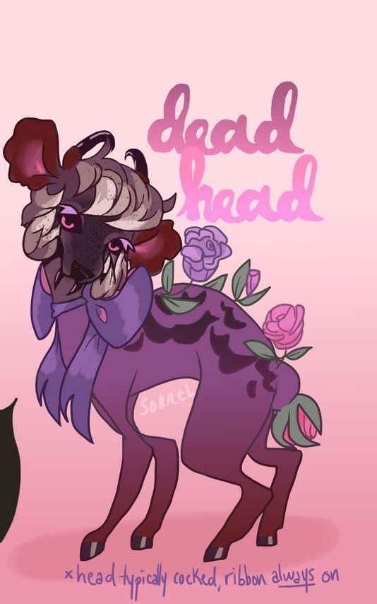 Fanged deer design. Her body is purple with roses growing out of her back and a large purple ribbon around her neck. Her head is dark purple gray with black fangs and horns. She has sad black and pink eyes and her head is cocked.