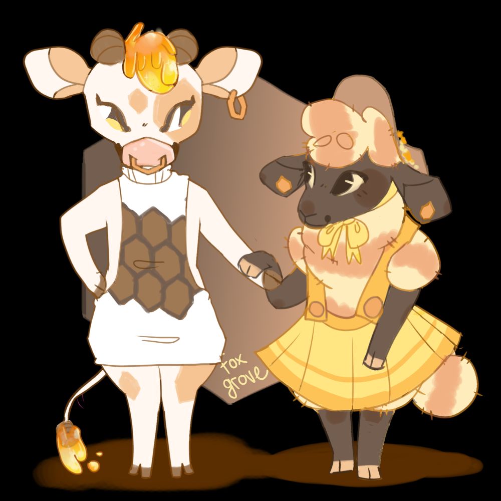 A pair of furry anthro girls. The left girl is a beige cow with pale golden honeycomb shaped spots. She is wearing a sweater dress also with honeycomb pattern. Her tail resembles a honey dipper, as do her horns. Her nose ring and earring are hexagon shaped. She is smiling at the sheep girl who is holding her hoof. The sheep girl has brown-grey skin with pale yellow and orange striped wool. she is wearing a suspenders skirt with orange and yellow striping and a bonnet adorned with flowers.