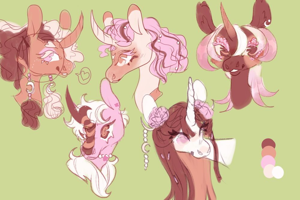 Five design headshots. Top left is a light brown unicorn with half and half wavy brown and white mane with pink eyes. Top middle is a beige unicorn with brown markings and a pink and brown mane. Top right is a brown unicorn with a pink and white mane and flower eyelashes. Bottom left is a pink kirin with a white mane and brown accents. Bottom right is a white unicorn with a brown mane and flowers in her mane.