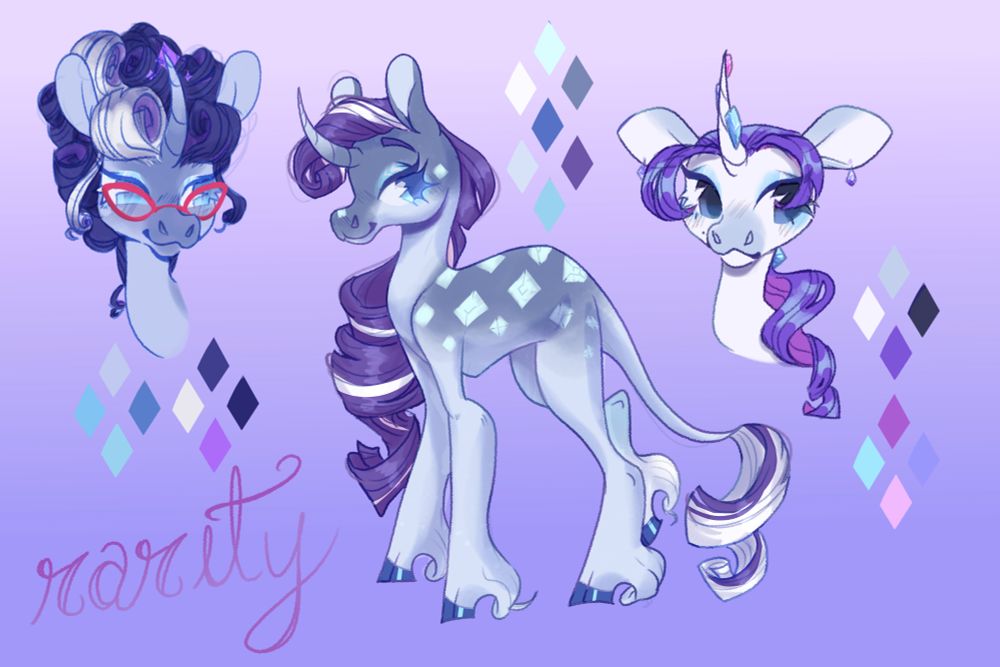 Rarity redesigns. One headshot has her hair piled on top of her head, gray and white body, and red glasses. The fullbody redesign is of a dappled gray rarity with diamond shaped dapples. Her hair is mostly purple with a streak of white and she has sharp blue eyes. The other headshot has rarity with a low ponytail and gem-studded horn. Her ears are somewhat floppy with gemstone earrings.