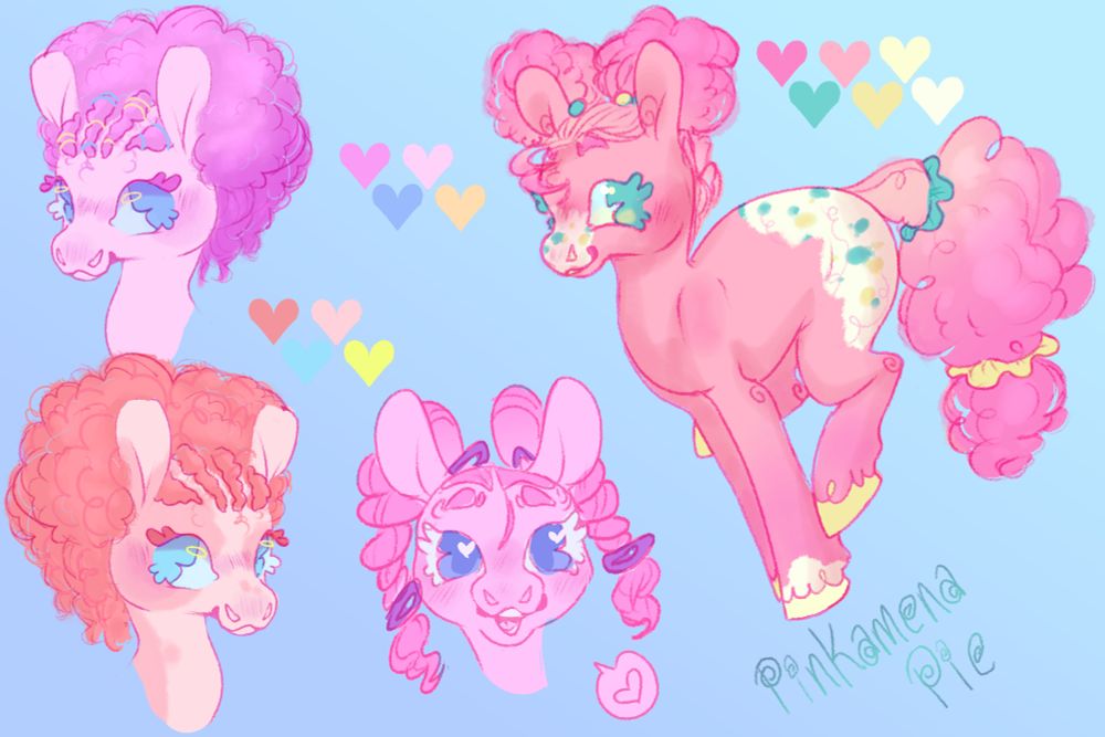 A redesign of pinkie pie, she is pink with blue and yellow spots on her hindquarters and snout. She has her pink curls pulled back into buns on her mane and her tail has scrunchies in it. There's 3 headshots, one of which has a pair of twin braids. The other two ft braids leading into an afro, and two alternate color palettes (salmon pink and bubblegum pink).