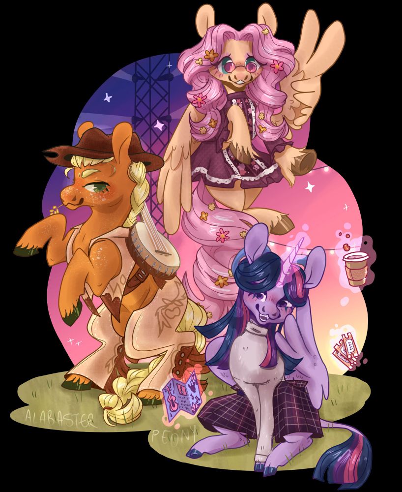 Half of the mane 6 at a music festival. Fluttershy is hovering above and striking a peace sign with her wing. She is wearing a 70s style prairie dress with small sunglasses and her mane styled in big curls with flowers. Applejack is wearing a cowboy hat, leather chaps, and has a banjo slung over her back. She is rearing up next to Twilight, who is sitting and holding several items with her magic. She is wearing a sweater and plaid skirt and smiling at her friends.