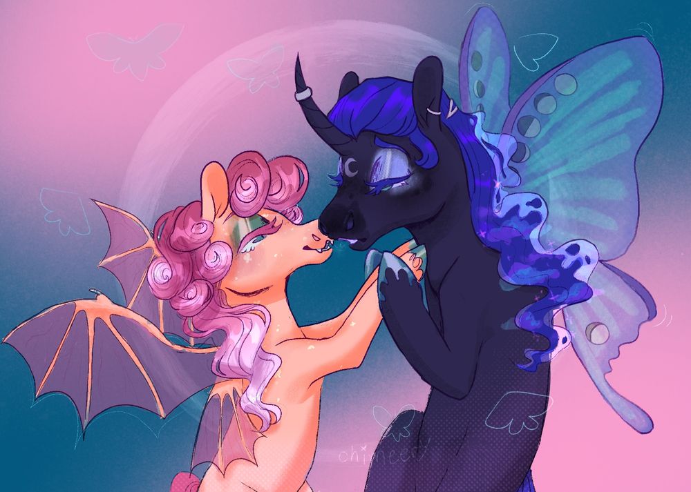 A digital art piece containing half-bodies of batpony fluttershy and Princess Luna with moth wings. They are holding hooves and their muzzles are nearly touching. Fluttershy has a slight smirk and Luna has a longing look on her face.